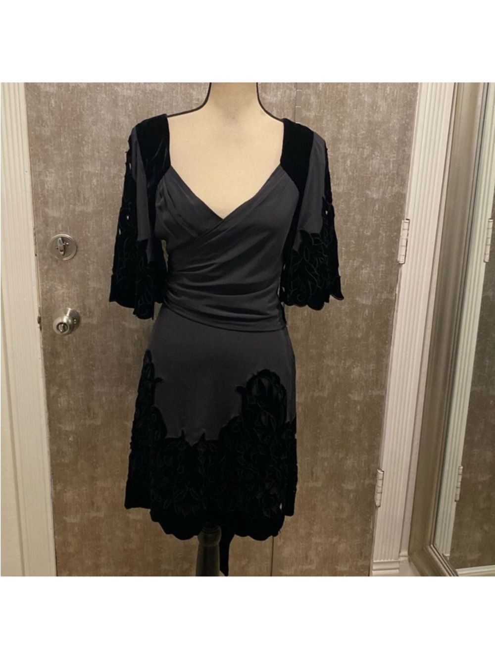Temperley London Black Velvet Applique Wrap-Style Midi Dress